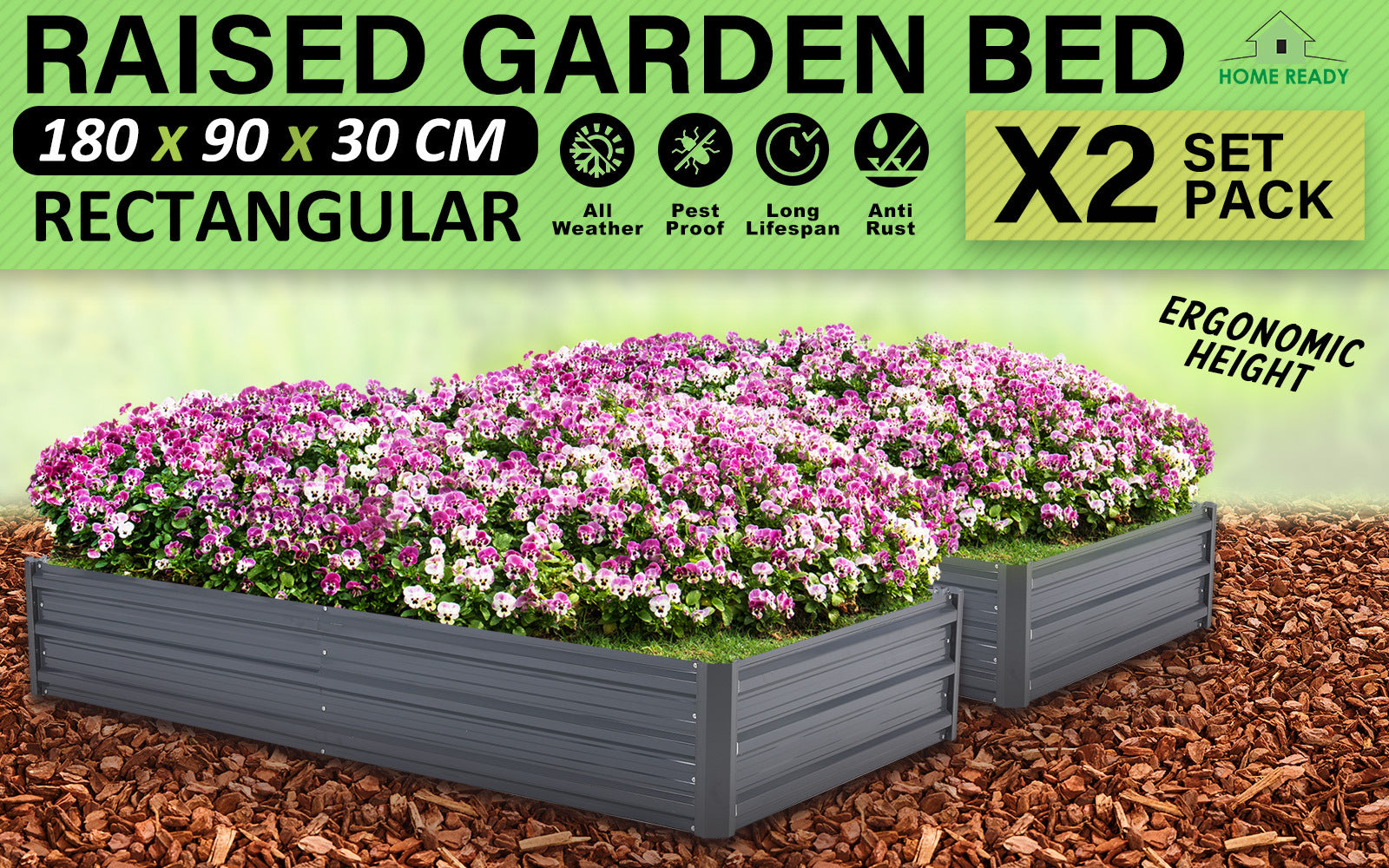 2-Piece Raised Garden Bed Set – Galvanised Steel Planters (180 x 90 x 30cm, Grey)