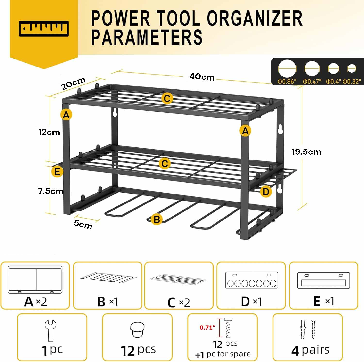 Wall-Mounted Power Tool Organiser – 40 x 20 x 19.5cm