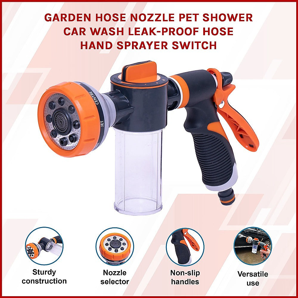 Multi-Function Garden Hose Nozzle with Foam Sprayer – 8 Spray Patterns & 150mL Detergent Bottle