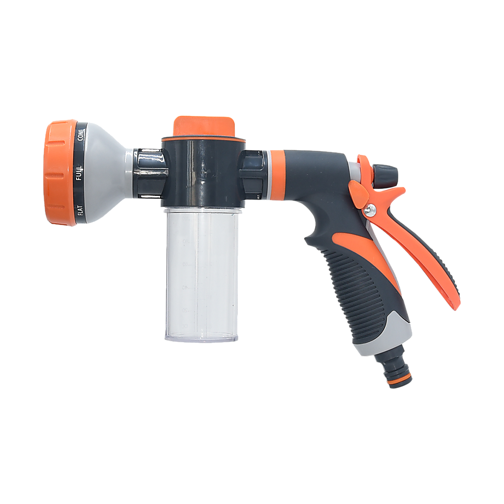 Multi-Function Garden Hose Nozzle with Foam Sprayer – 8 Spray Patterns & 150mL Detergent Bottle