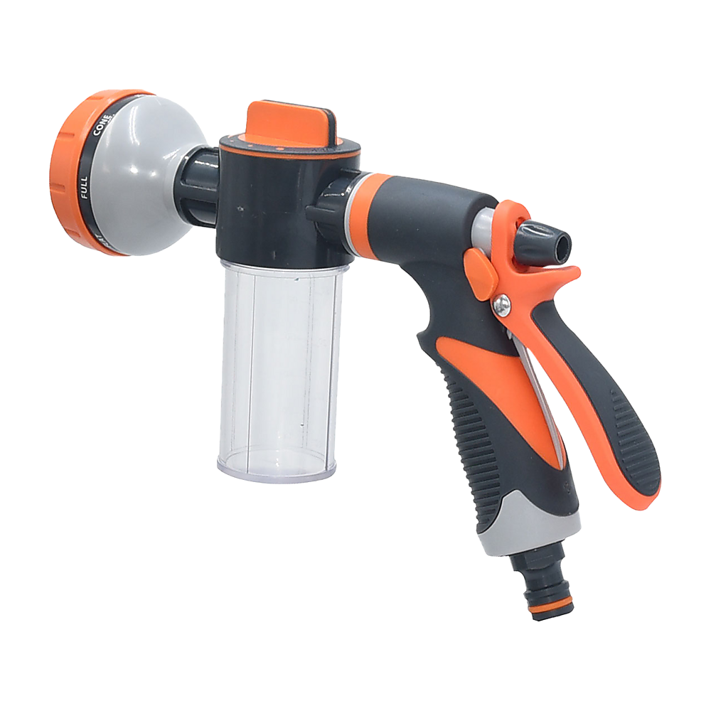 Multi-Function Garden Hose Nozzle with Foam Sprayer – 8 Spray Patterns & 150mL Detergent Bottle