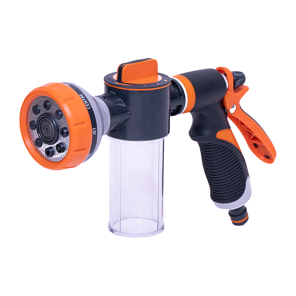 Multi-Function Garden Hose Nozzle with Foam Sprayer – 8 Spray Patterns & 150mL Detergent Bottle
