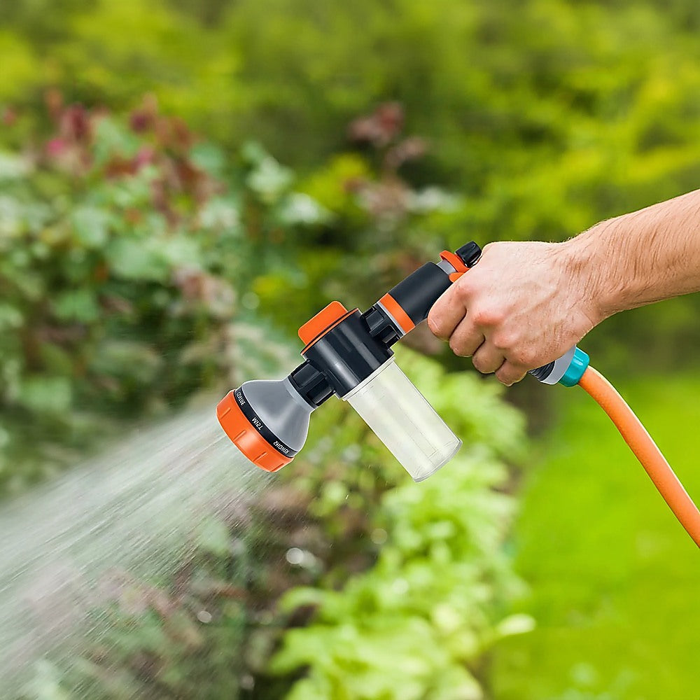 Multi-Function Garden Hose Nozzle with Foam Sprayer – 8 Spray Patterns & 150mL Detergent Bottle
