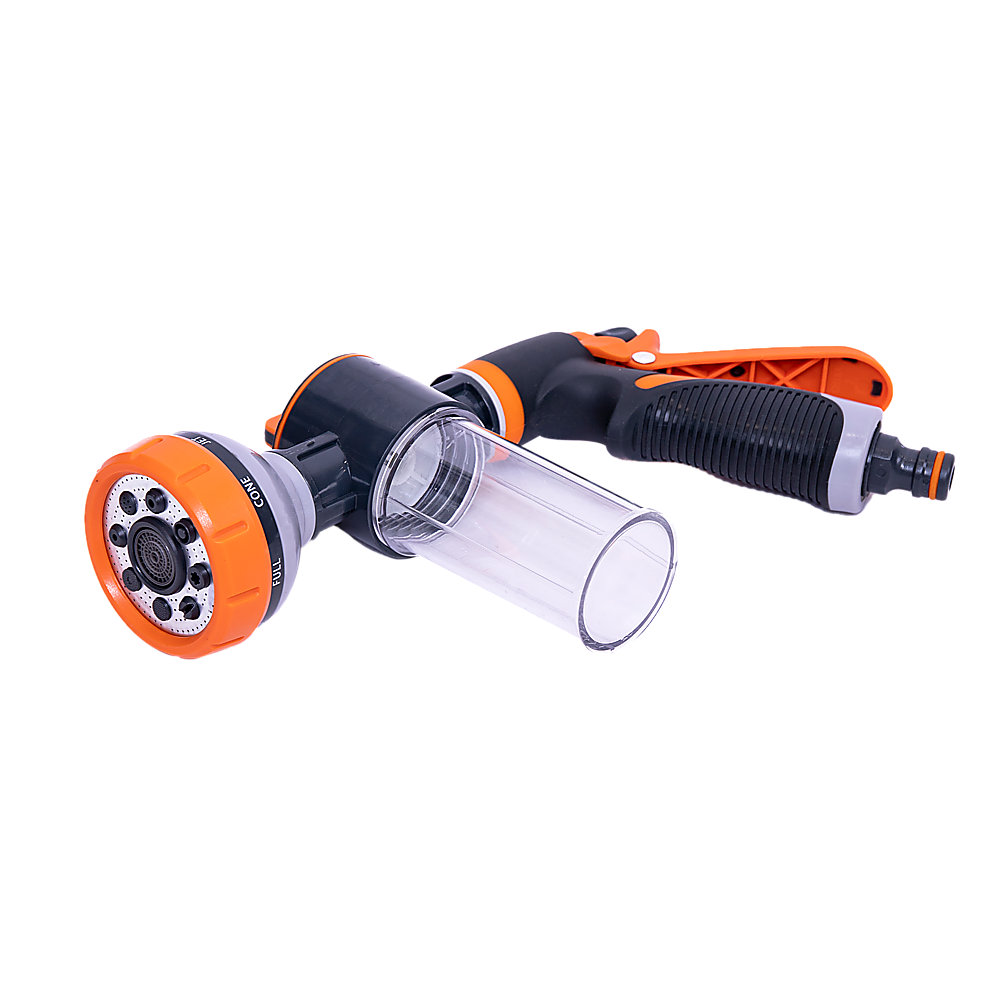 Multi-Function Garden Hose Nozzle with Foam Sprayer – 8 Spray Patterns & 150mL Detergent Bottle
