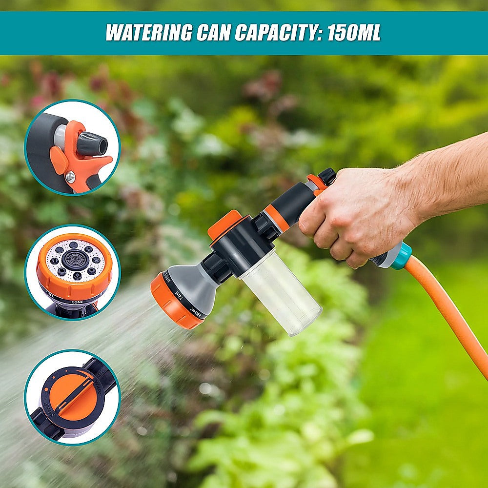 Multi-Function Garden Hose Nozzle with Foam Sprayer – 8 Spray Patterns & 150mL Detergent Bottle