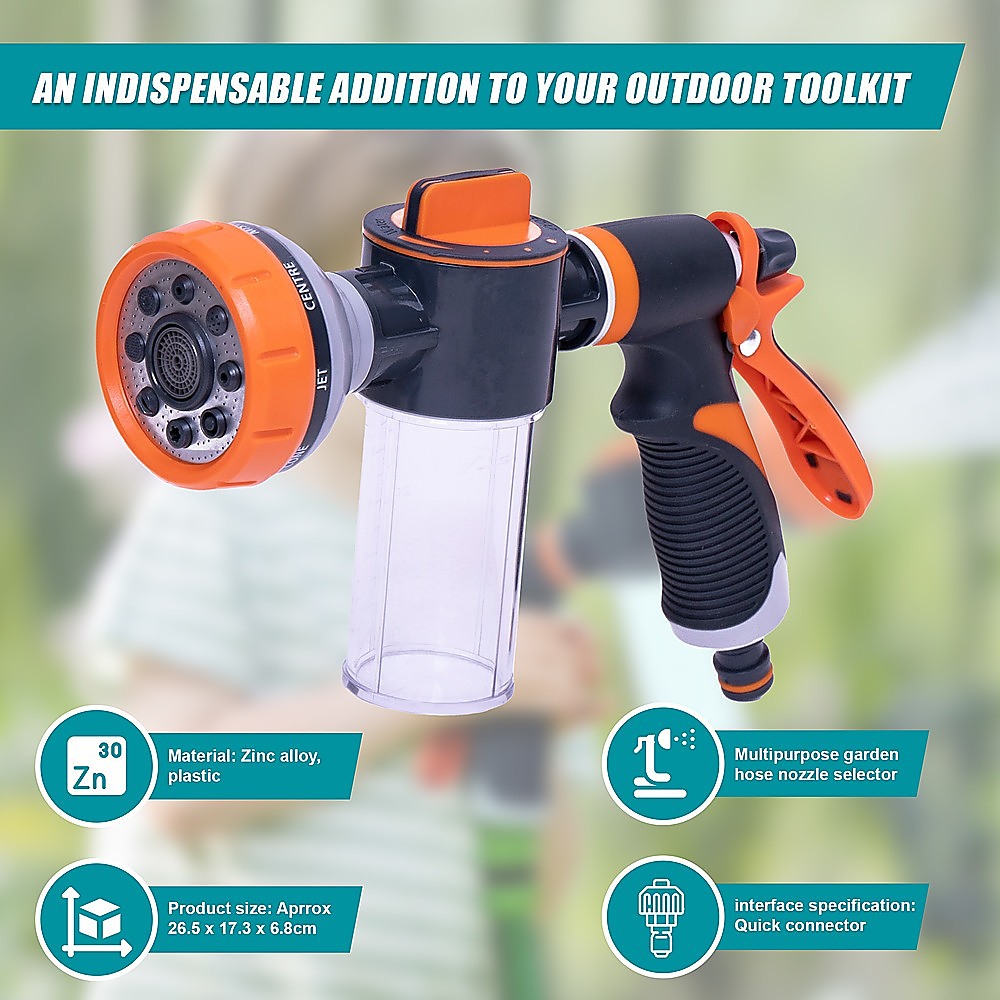 Multi-Function Garden Hose Nozzle with Foam Sprayer – 8 Spray Patterns & 150mL Detergent Bottle