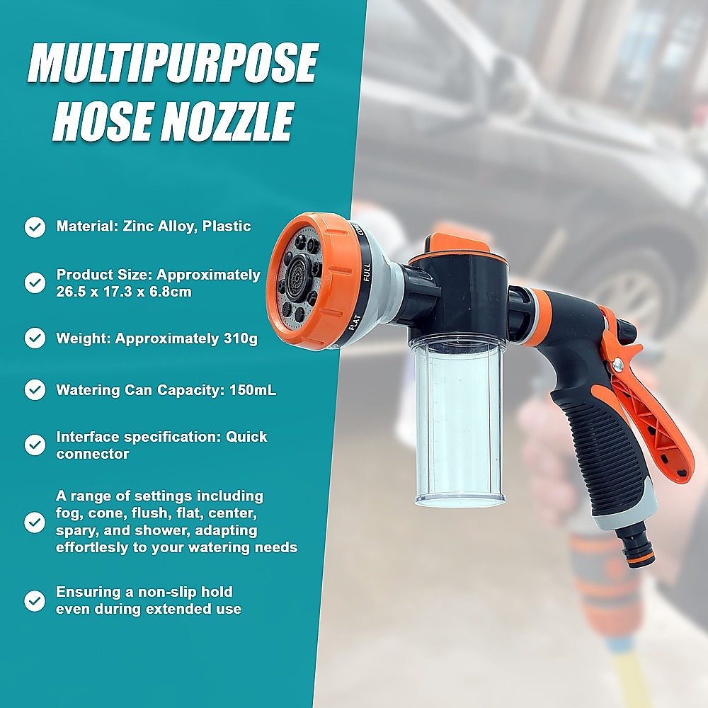 Multi-Function Garden Hose Nozzle with Foam Sprayer – 8 Spray Patterns & 150mL Detergent Bottle