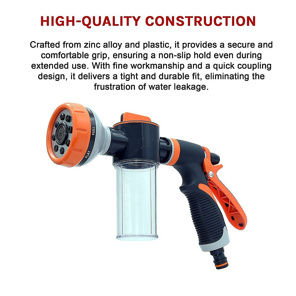 Multi-Function Garden Hose Nozzle with Foam Sprayer – 8 Spray Patterns & 150mL Detergent Bottle