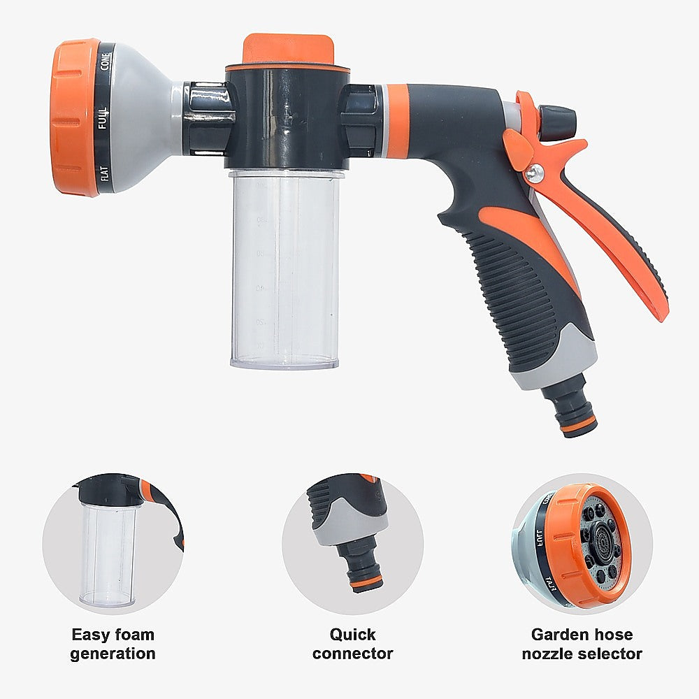 Multi-Function Garden Hose Nozzle with Foam Sprayer – 8 Spray Patterns & 150mL Detergent Bottle